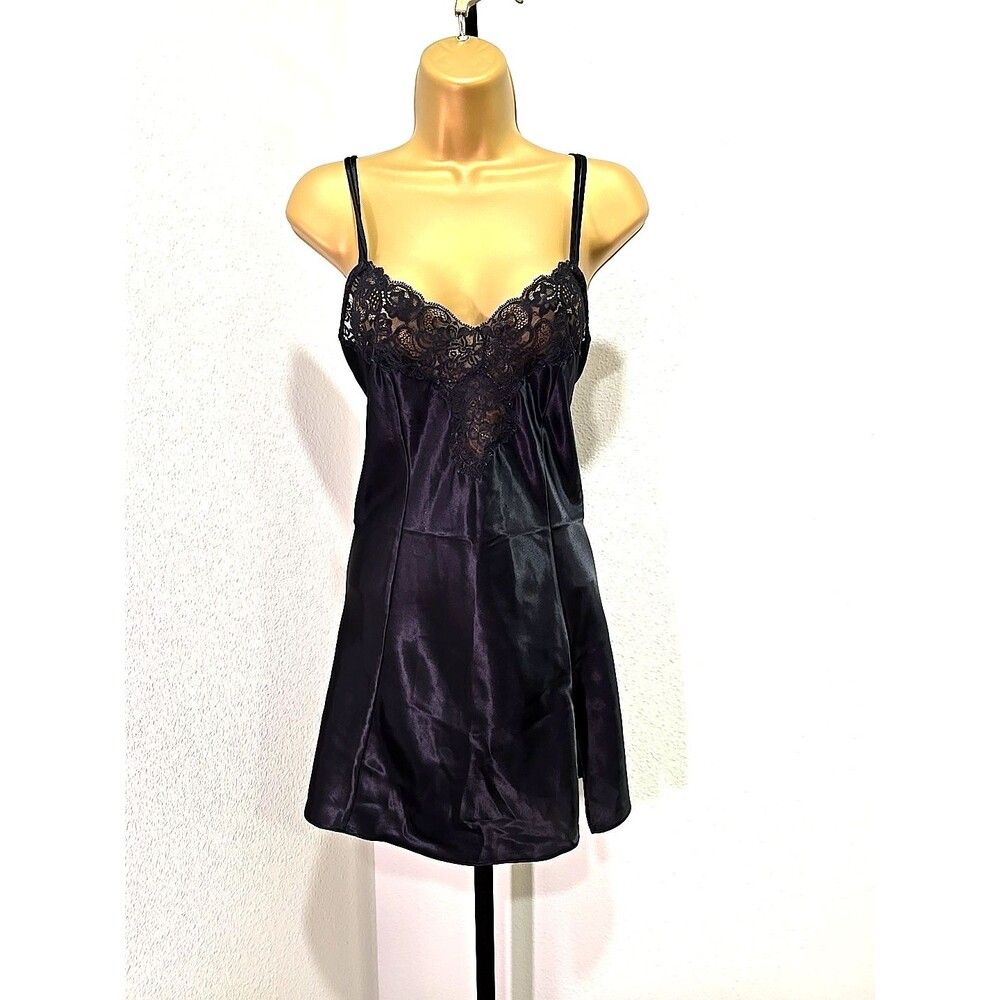 Victoria’s Secret Black Lace Satin Slip Dress Chemise Mini Medium Lingerie Sleep